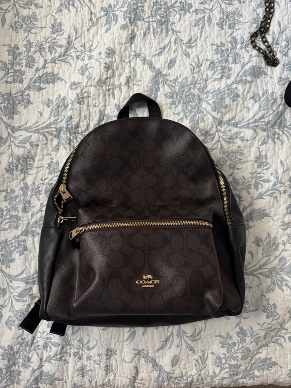 Coach Dark Brown Signature Backpack with Black Trim